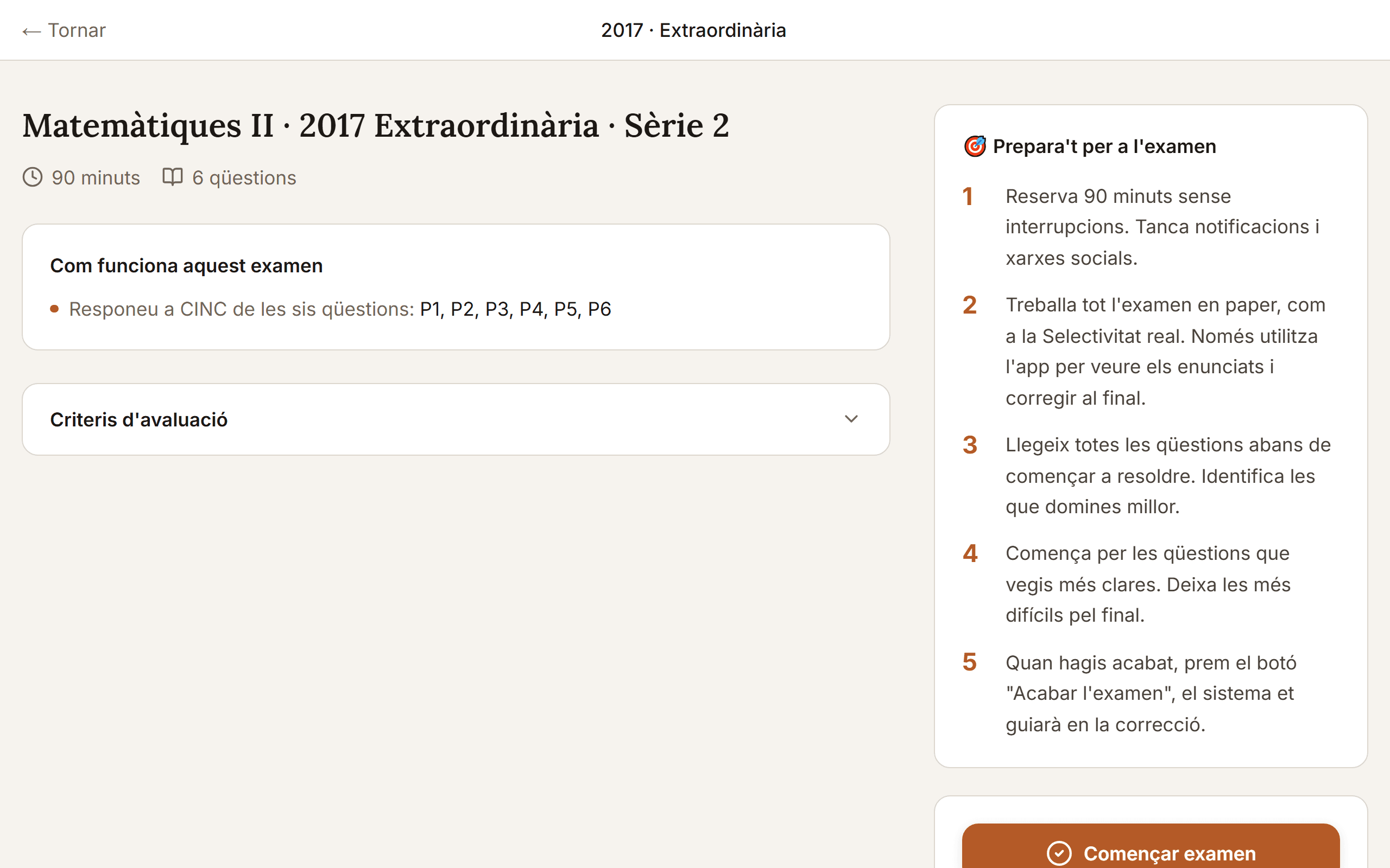 Simulacre d'examen PAU complet amb temps real